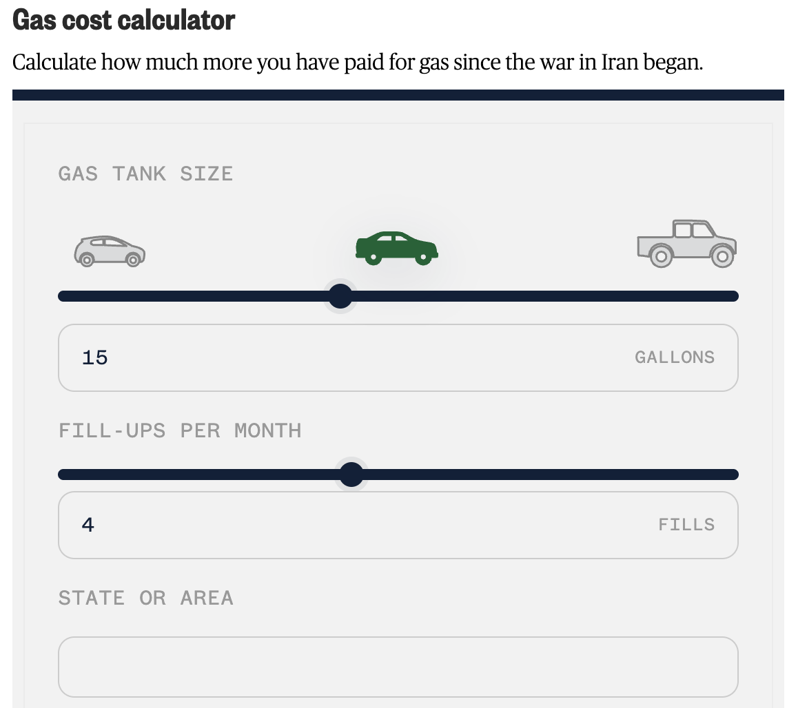 Gas cost calculator — How much more have you paid at the pump since February?